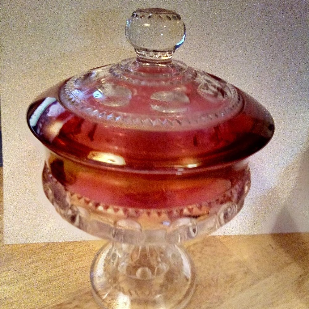 King Crown Ruby thumbprint Candy Dish 6"